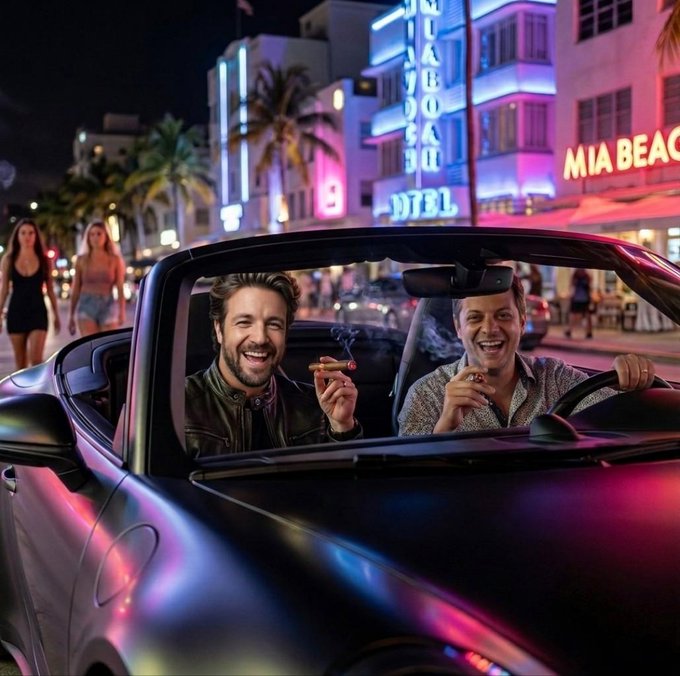 Two smiling men enjoy cigars while cruising in a convertible down a neon-lit Miami Beach street, embodying the carefree, celebratory vibe of riding high on crypto gains like $Heresy and $COOPS.