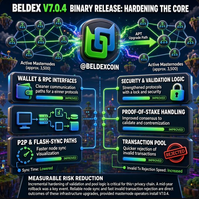 Promotional graphic for 'BELDEX V7.0.4 BINARY RELEASE: HARDENING THE CORE' by @BELDEXCOIN, detailing infrastructure upgrades across areas like Wallet & RPC Interfaces, Security & Validation Logic, Proof-of-Stake Handling, P2P & Flash-Sync Paths, and Transaction Pool.