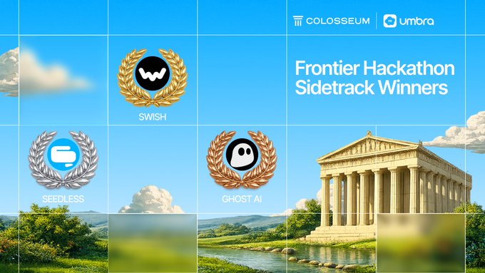 The image features a collage of four different logos for various companies, including "Umbra", "Focus on", "Colosseum", and "Frontier Hackathon Sidetrack Winners". The logos are arranged in a square format with each company's logo placed at the top center. The text "Umbra" is displayed at the bottom left corner of the image, while "Focus on" is positioned at the top right corner. Additionally, there is a description of the winning projects that used the Umbra SDK to bring private payments and financial flows to Solana.