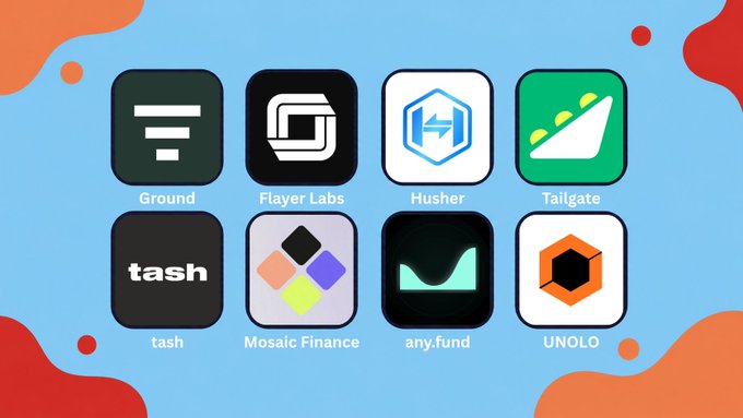 A grid of eight mobile app icons on a blue and orange background, labeled: Ground, Flayer Labs, Husher, Tailgate, tash, Mosaic Finance, any.fund, and UNOLO.