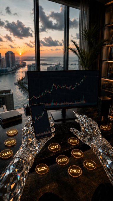 Crystal dragon-claw sculptures reach toward cryptocurrency ticker buttons (XRP, HBAR, XLM, QNT, FLR, LINK, ALGO, ZBCN, ONDO, SOL) in front of a monitor showing charts with a sunset city view in the background.