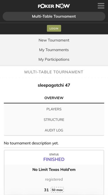 A mobile screenshot of the Poker Now app showing a multi-table tournament page for 'sleepagotchi 47' with the status marked as 'FINISHED' for a No Limit Texas Hold'em game with 31/50 registered players.