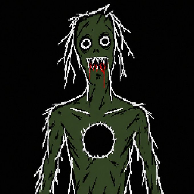 A crude, horror-style drawing of a green, gaunt figure with wide eyes, a bloodied mouth full of sharp teeth, and a dark hole in its chest against a black background.