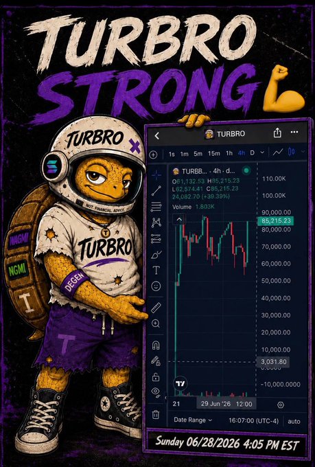 An illustrated turtle mascot wearing a "TURBBRO" branded helmet and shirt stands beside a TradingView chart showing the TURBRO token ($TURBB) currently valued at 85,215.23 with a 4h timeframe, as of Sunday 06/28/2026 4:05 PM EST. The image visually reinforces the post's message about community unity and conviction, displaying the contract address 7DoxSStHwaazCMPaNw2uNt7X7uUj8Bvzn2vBYccce1A1 and embodying the "slow animal, fast chain" slogan through the steady yet powerful turtle imagery.