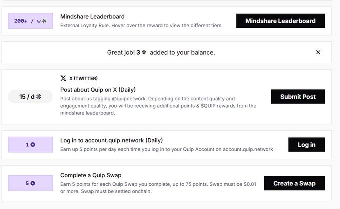 A screenshot of a digital dashboard showing tasks to earn points, including a Mindshare Leaderboard, posting on X (Twitter), logging into a Quip account, and completing a Quip Swap.