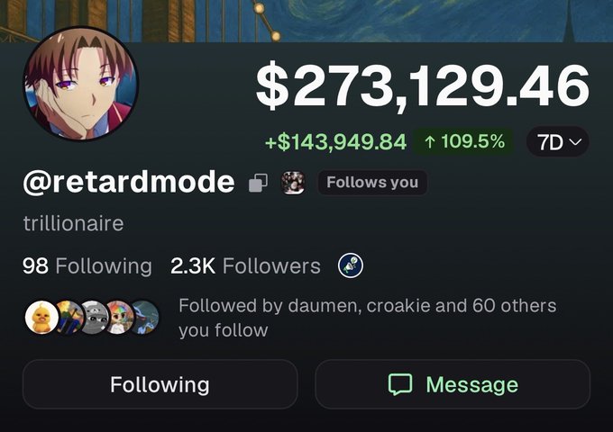 A screenshot of a Robinhood-style trading profile for '@retardmode' (trillionaire) showing a portfolio value of $273,129.46, up 109.5% or $143,949.84 over 7 days.