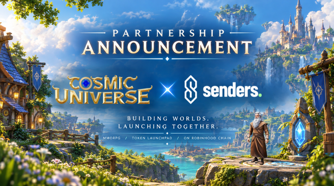 A fantasy-themed promotional graphic announcing the partnership between "Cosmic Universe" and "Senders," featuring a wizard character overlooking a magical kingdom with castles and waterfalls. The banner reads "PARTNERSHIP ANNOUNCEMENT" with the tagline "BUILDING WORLDS. LAUNCHING TOGETHER," and notes it as an MMORPG and Token Launchpad launching on Eobinhood Chain, aligning with the post's message about their collaborative MMORPG with a player-driven economy and fair-launch token launchpad.