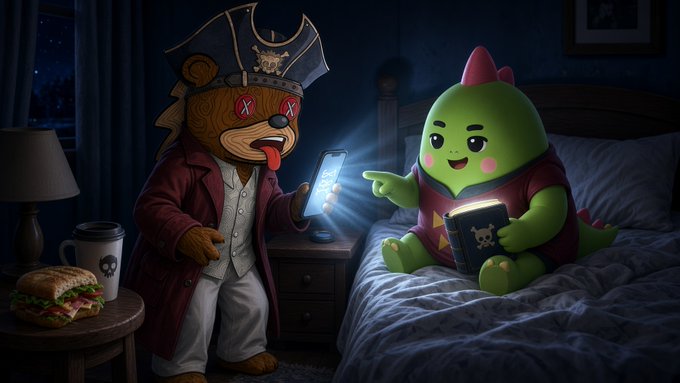 A whimsical digital illustration depicting a pirate-themed teddy bear with X-shaped eyes and a pirate hat showing a smartphone to a cute green dinosaur character sitting on a bed reading a skull-emblazoned book; a sandwich and coffee cup sit on a nightstand.