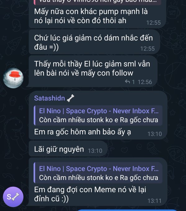 A screenshot of a chat in Vietnamese discussing crypto tokens, mentioning 'El Nino | Space Crypto', 'Satashidn', and asking 'Còn cầm nhiều stonk ko e Ra gốc chưa'.