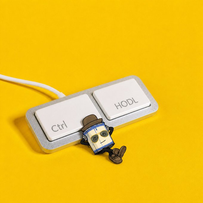 A small figure wearing a cowboy hat and boots leaning against a white mechanical keyboard with 'Ctrl' and 'HODL' keycaps on a bright yellow background.