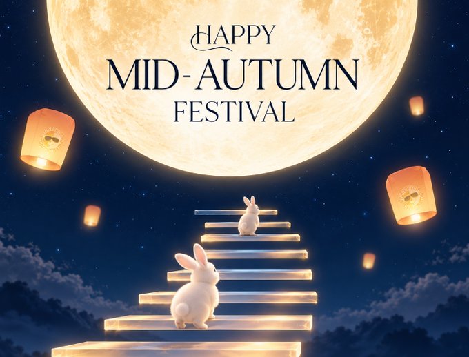 A festive illustration of two white rabbits on a glowing staircase under a large full moon with 'HAPPY MID-AUTUMN FESTIVAL' text, surrounded by floating lanterns.