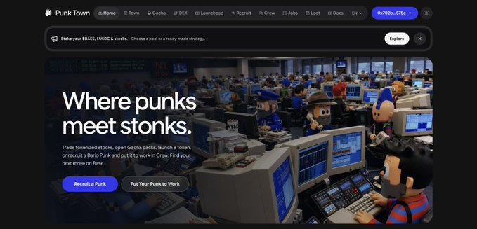 A screenshot of the PunkTown website homepage with the headline 'Where punks meet stonks' and call-to-action buttons to 'Recruit a Punk' and 'Put Your Punk to Work'.