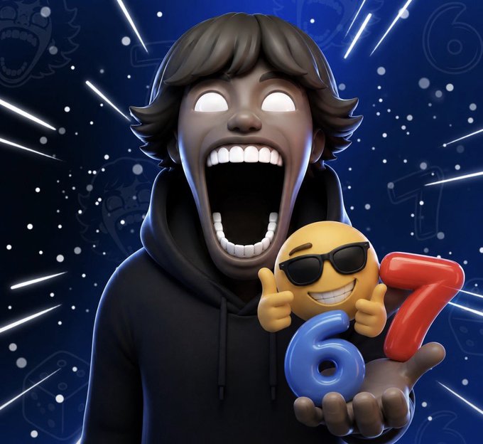 A 3D-rendered character with glowing eyes and a wide-open mouth excitedly holds a "cool" sunglasses emoji and balloon-like numbers "6" and "7," symbolizing the celebration of Day 67/67 for @sixsevenapp, marking its successful journey from a Telegram mini-app experiment to over 1M users.