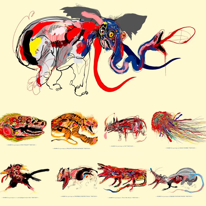 An artistic display featuring a large painted figure resembling a Ganesha-like creature at the top, with a grid of eight colorful, sketchy animal illustrations below labeled as 'Fart Rich' creations.