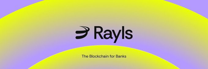 A branding graphic for Rayls featuring its logo and tagline 'The Blockchain for Banks' against a yellow and lavender gradient background.