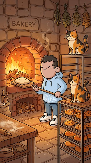 The image features a cartoon boy holding a pizza pan with a pizza inside of it while standing next to a brick oven. There are two cats sitting nearby - one orange cat and one calico cat, both looking at him curiously. The scene takes place in an office setting where there is also a bag on the floor near the oven.