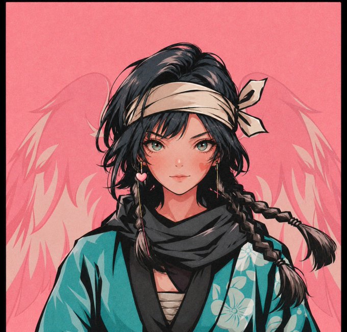 An anime-style illustration features a female character with black braided hair, a white headband, and a teal kimono with floral patterns against a pink background with wings.