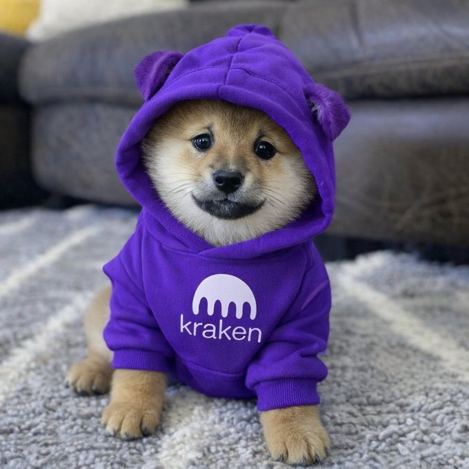 A Shiba Inu puppy wearing a purple hoodie with the 'kraken' logo, sitting on a carpet in front of a gray couch.