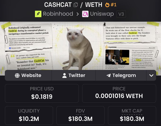 A cryptocurrency token page for 'CASHCAT / WETH' on Uniswap V3, featuring a white cat, with a price of $0.1819 USD / 0.0001016 WETH, $10.2M liquidity, and $180.3M FDV/MKT CAP.