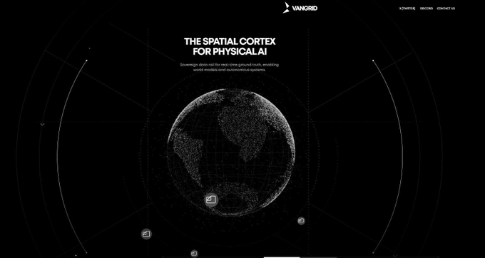 A dark website landing page for 'VANGRD' featuring a digital globe made of dots and text reading 'THE SPATIAL CORTEX FOR PHYSICAL AI'.
