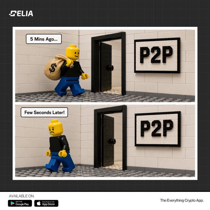 A Lego figure happily enters a "P2P" room carrying a money bag, then exits minutes later empty-handed and visibly upset, illustrating the risks of P2P trading. The ad, by Celia ("The Everything Crypto App"), promotes their direct crypto trading platform (celia.id/celia) as a safer alternative to the chaotic P2P experience.