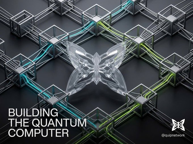 A promotional graphic for Quip Network featuring a transparent butterfly logo over a 3D geometric structure, with the text 'BUILDING THE QUANTUM COMPUTER' and @quipnetwork.