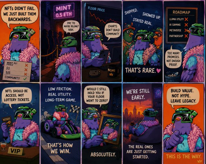 A comic strip with purple bird-like NFT characters critiquing NFT culture with panels about minting, roadmap promises, and building real utility.