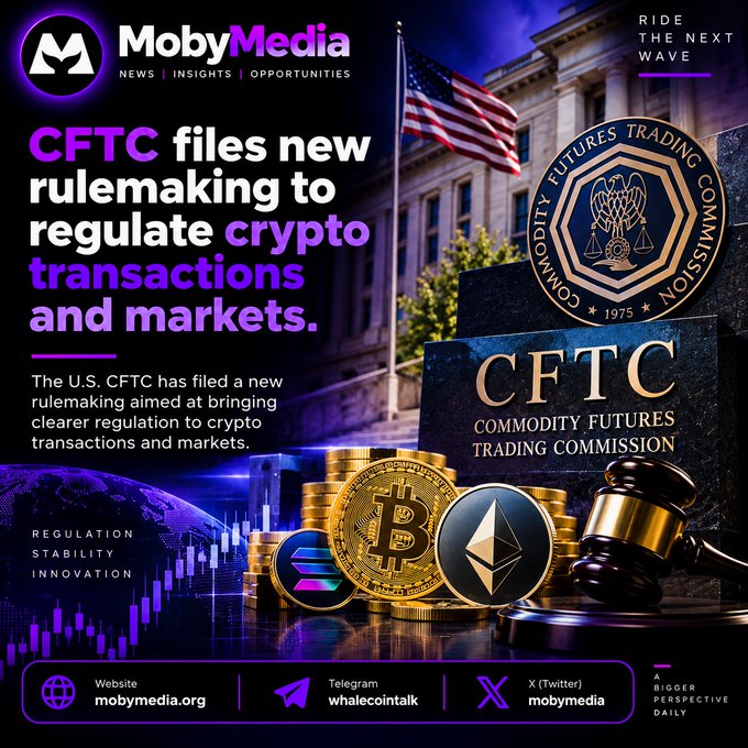 A promotional graphic for MobyMedia with text 'CFTC files new rulemaking to regulate crypto transactions and markets', showing the CFTC seal, American flag, Bitcoin and Ethereum coins, and a gavel.