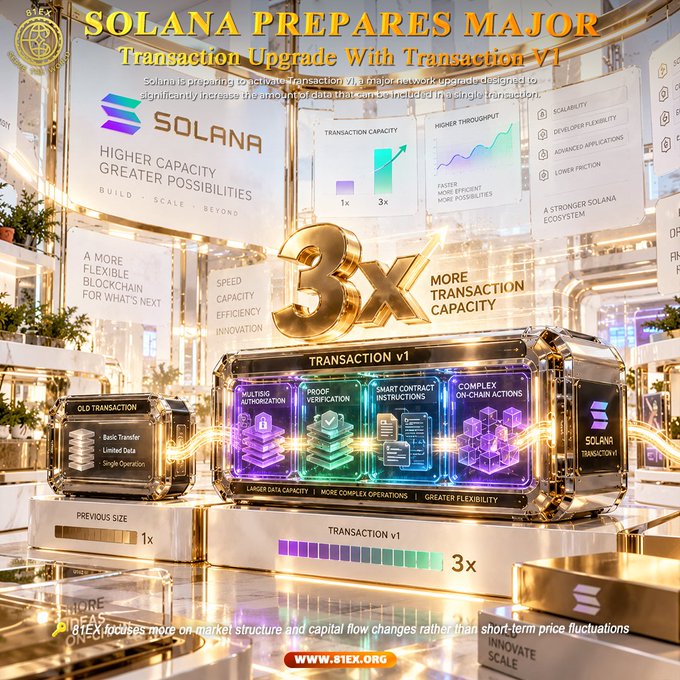 Promotional graphic highlighting Solana's upcoming "Transaction v1" upgrade, featuring a comparison between the old transaction model (1x) and the new system (3x) with greater capacity, multi-tier authorization, proof verification, smart contract instructions, and complex on-chain actions. The image showcases the "3x more transaction capacity" benefit alongside text emphasizing higher throughput, scalability, developer flexibility, advanced capabilities, and lower friction across the Solana ecosystem.