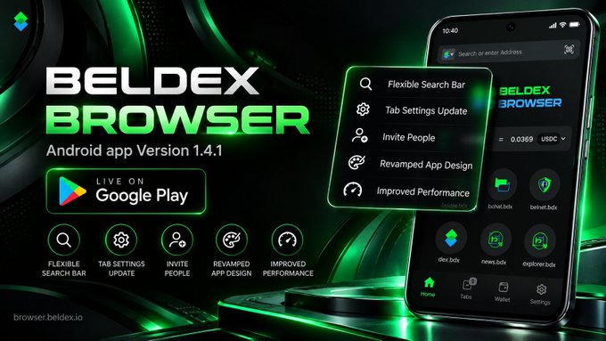 An advertisement for 'BELDEX BROWSER Android app Version 1.4.1' available on Google Play, highlighting features like flexible search and revamped design.