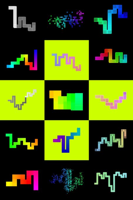 A 4x3 grid of colorful pixel-art snakes in various vibrant colors and patterns, displayed against alternating black and neon green backgrounds. The post references "@itsriggles," likely crediting the artist who created this creative snake-themed artwork.