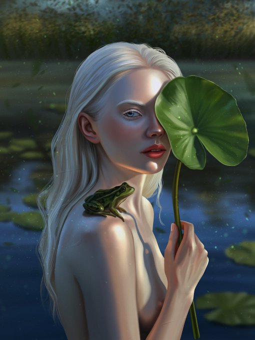 A digital artwork depicts a pale woman with long white hair holding a large green lily pad over one eye while a green frog rests on her shoulder, set against a dark pond background.