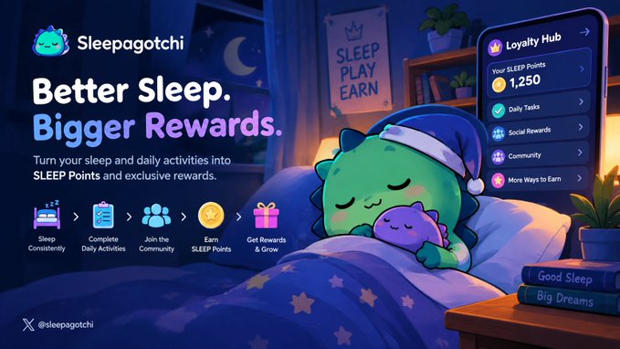 A promotional graphic for 'Sleepagotchi' featuring a sleeping green dinosaur character in pajamas, advertising 'Better Sleep. Bigger Rewards.' with a SLEEP Points loyalty system.