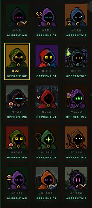 A grid display of pixel-art hooded character NFT collectibles in various colors (purple, green, red, blue), each labeled 'APPRENTICE' with an ID number such as #39, #151, #220, #224 (highlighted), and #315.