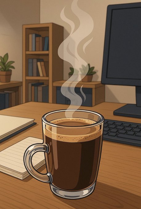 A digital illustration of a steaming glass mug of dark coffee or tea sitting on a wooden desk, accompanied by a notebook, a computer monitor, and a bookshelf in the background.