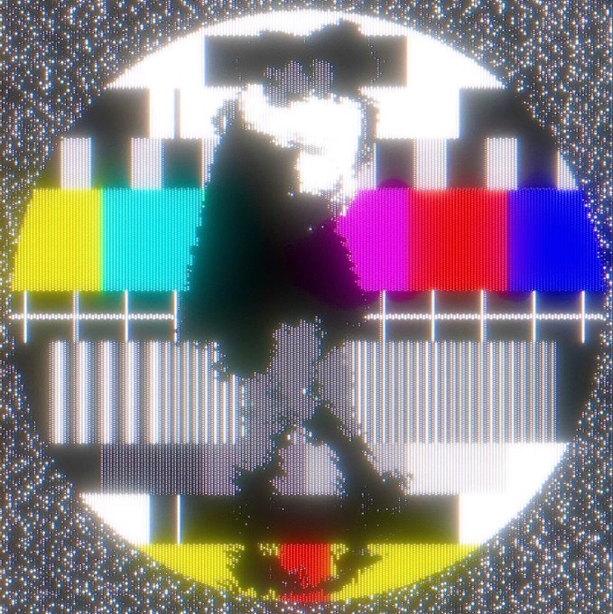 A distorted, glitch-art style image of SMPTE color bars and a test pattern, featuring heavy noise, static, and chromatic aberration effects.