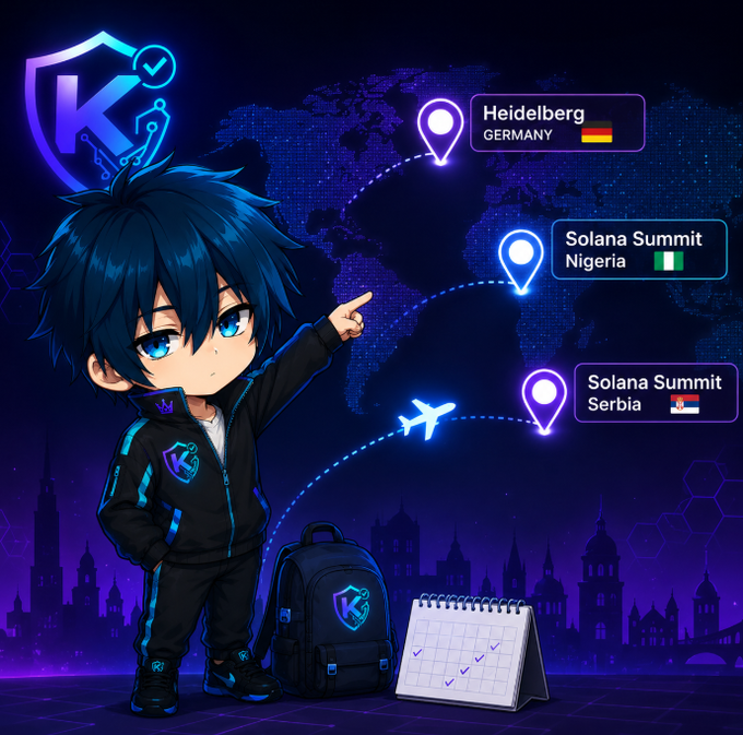 An anime-style illustration of a chibi boy with blue hair wearing a "K" branded tracksuit, pointing at a world map showing locations in Heidelberg Germany, Solana Summit Nigeria, and Solana Summit Serbia, with a backpack and calendar nearby.