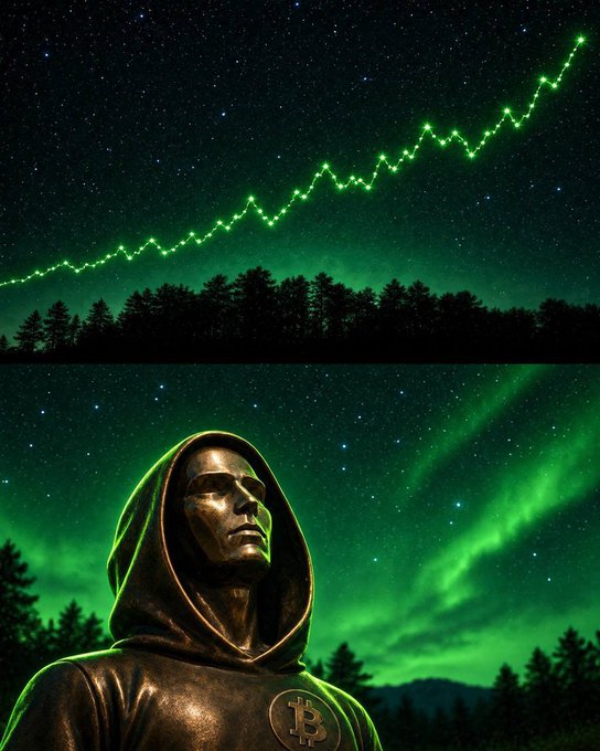 A composite image features a hooded bronze statue with a Bitcoin symbol under green aurora skies in the lower panel, and a green ascending chart line over silhouetted trees in the upper panel.