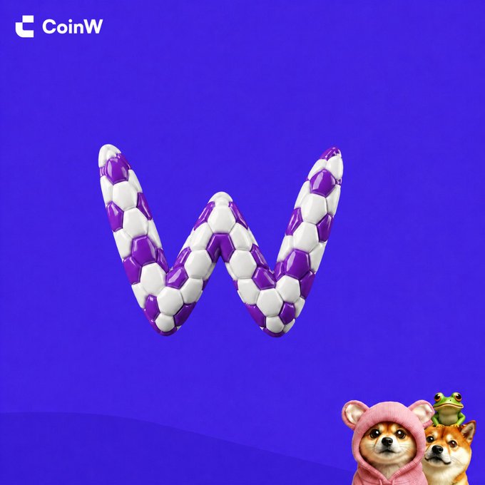 A 3D letter 'W' made of purple and white soccer balls against a blue background with the 'CoinW' logo in the top left and cartoon animals in the bottom right.