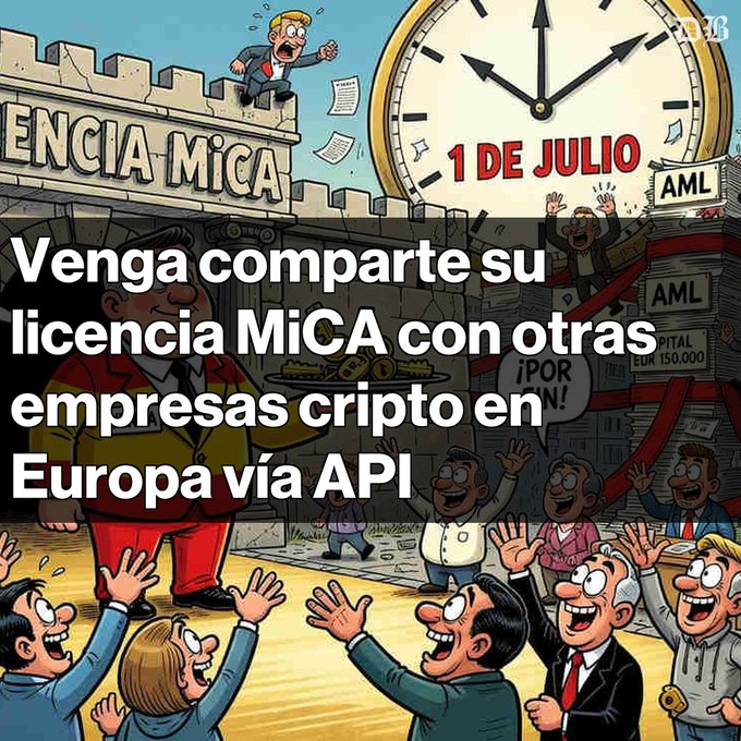 A cartoon-style illustration features a clock marked "1 DE JULIO," a castle wall labeled "ENCIA MiCA," and excited characters celebrating around a man with stacks of "AML" documents, visually depicting the post's announcement about a Spanish platform sharing its MiCA crypto license with other European companies starting July 1st.