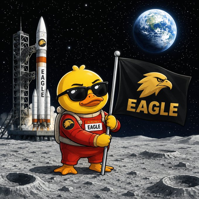 An illustration of a yellow duck character wearing sunglasses and a red spacesuit, holding an 'EAGLE' flag on the moon with a rocket and Earth in the background.