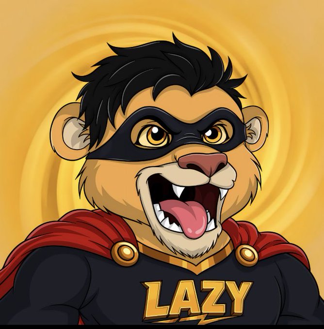 An illustrated anthropomorphic lion superhero wearing a black mask and red cape roars defiantly against a golden swirl background, with the bold gold text "LAZY" emblazoned across his chest, perfectly capturing the heroic, larger-than-life persona described in the post about @Lazy_Golf rising as a savior for NFTs.