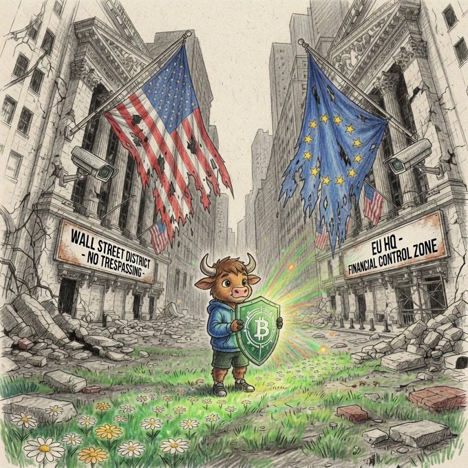 An illustration shows a bull-headed figure holding a green 'B' shield between a damaged American flag over 'Wall Street District - No Trespassing' and a damaged EU flag over 'EU HQ - Financial Control Zone'.