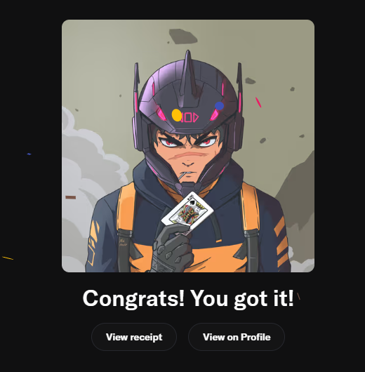 An illustration of a character in a futuristic helmet holding a card, with text reading "Congrats! You got it!" and buttons to view receipt or profile.
