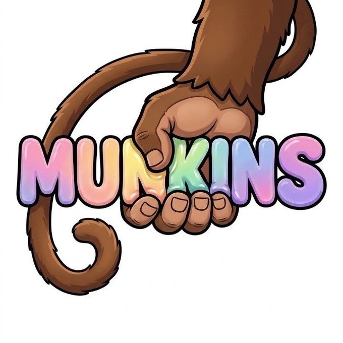 A cartoon logo featuring a brown monkey hand gripping the word 'MUNKINS' rendered in pastel gradient letters.