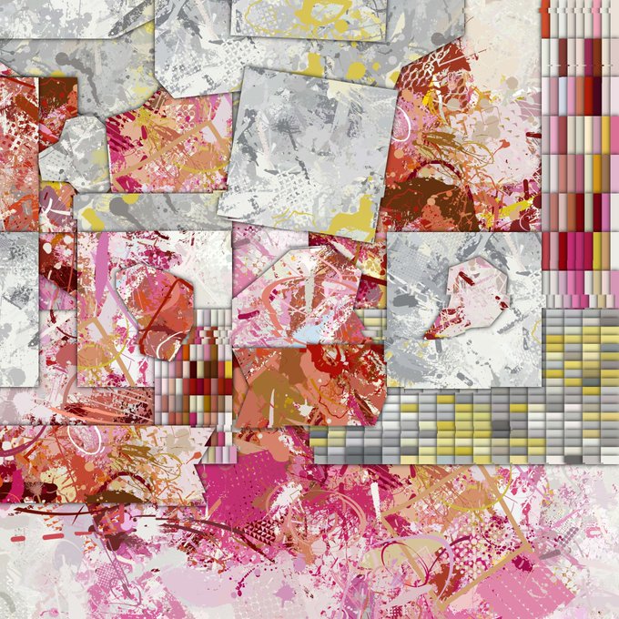 The image features a large, abstract piece of art with various colors and textures, including pink, white, red, and gray elements. The artwork appears to be a collage or mixed media piece that incorporates different materials and techniques. The post is titled "Transcendência" and has been tagged as "@xrpcafe". This suggests that the image might have been created by an artist who is interested in exploring themes of self-expression, identity, or personal transformation through their art.