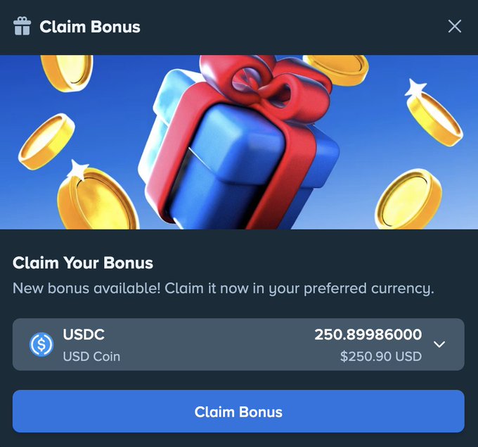 Mobile app screen showing a "Claim Bonus" offer with a gift box and coins graphic, offering 250.89986000 USDC ($250.90 USD).