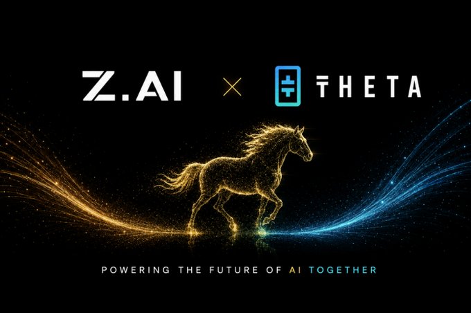A promotional graphic announces a partnership between Z.AI and Theta, featuring logos at the top and a glowing golden horse composed of light particles against a dark background with swirling blue and gold streams. The tagline reads "POWERING THE FUTURE OF AI TOGETHER," visually reinforcing the post's announcement of Z.AI's GLM-5.2 flagship model now being available on Theta EdgeCloud.