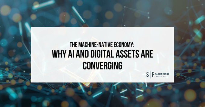 A graphic titled 'THE MACHINE-NATIVE ECONOMY: WHY AI AND DIGITAL ASSETS ARE CONVERGING' by Sarson Funds Digital Assets, displayed over an abstract blue technological background.