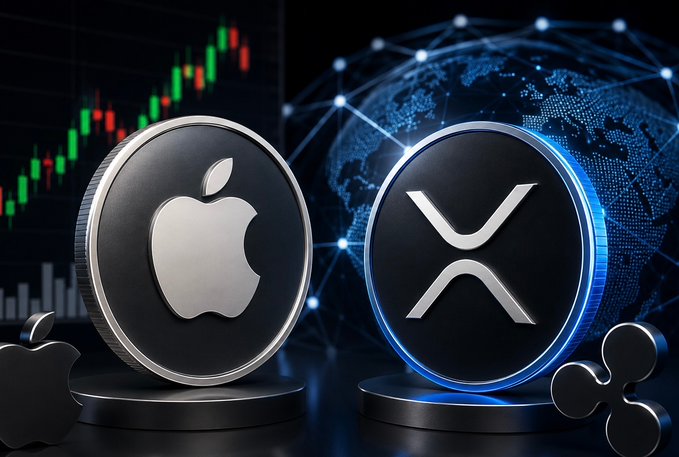 The image visually represents the integration of Apple's stock ($wAAPL) with the XRP Ledger, featuring the Apple logo coin next to the XRP logo coin against a backdrop of financial charts and a digital globe.